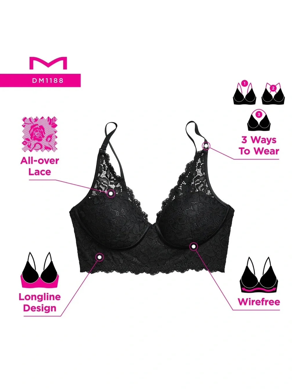 Maidenform Lightly Lined Convertible Lace Bralette DM1188 Size 34D - Picture 4 of 8